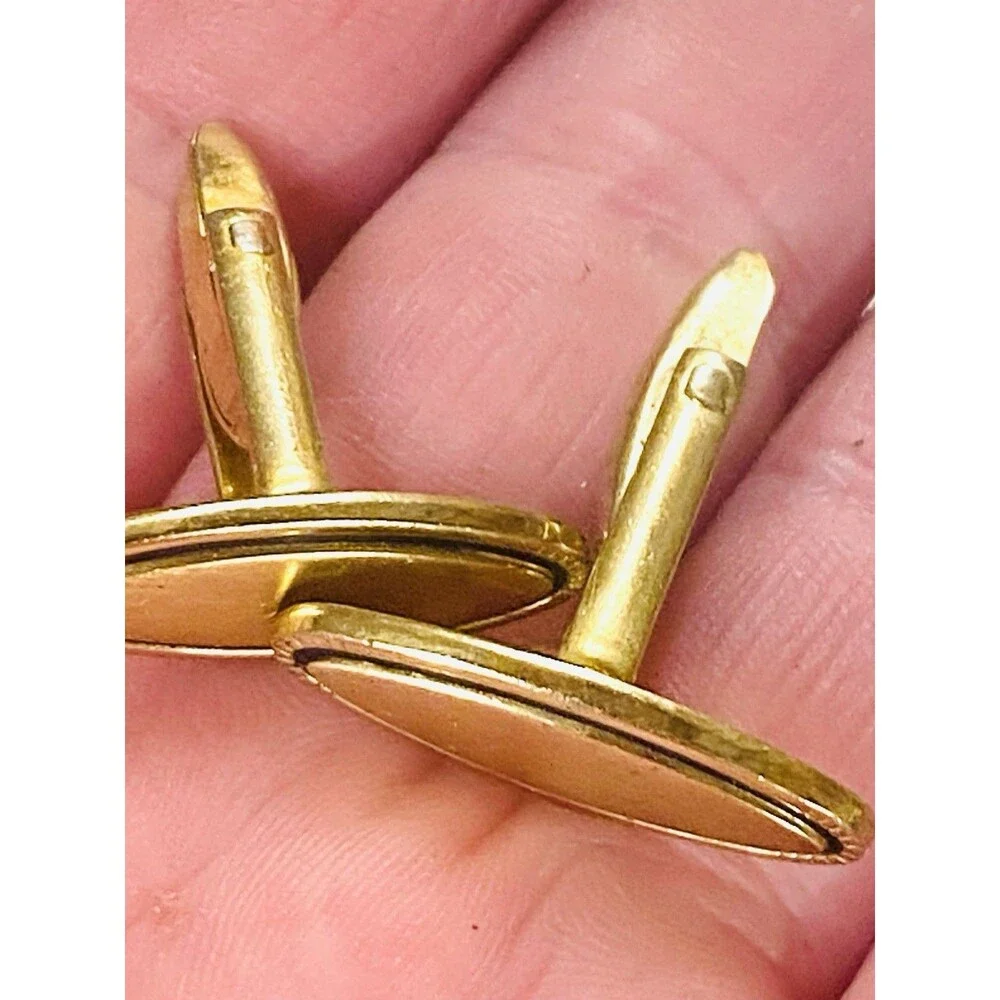 Vintage Mid Century Gold Plated Black Enamel Oval Cufflinks Pat Pend Bullet Back